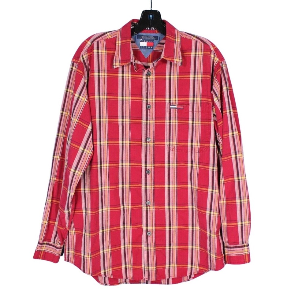 VTG 90'S TOMMY JEANS HILFIGER Red/Yellow PLAID Button-Up POCKET LOGO Shirt Sz L